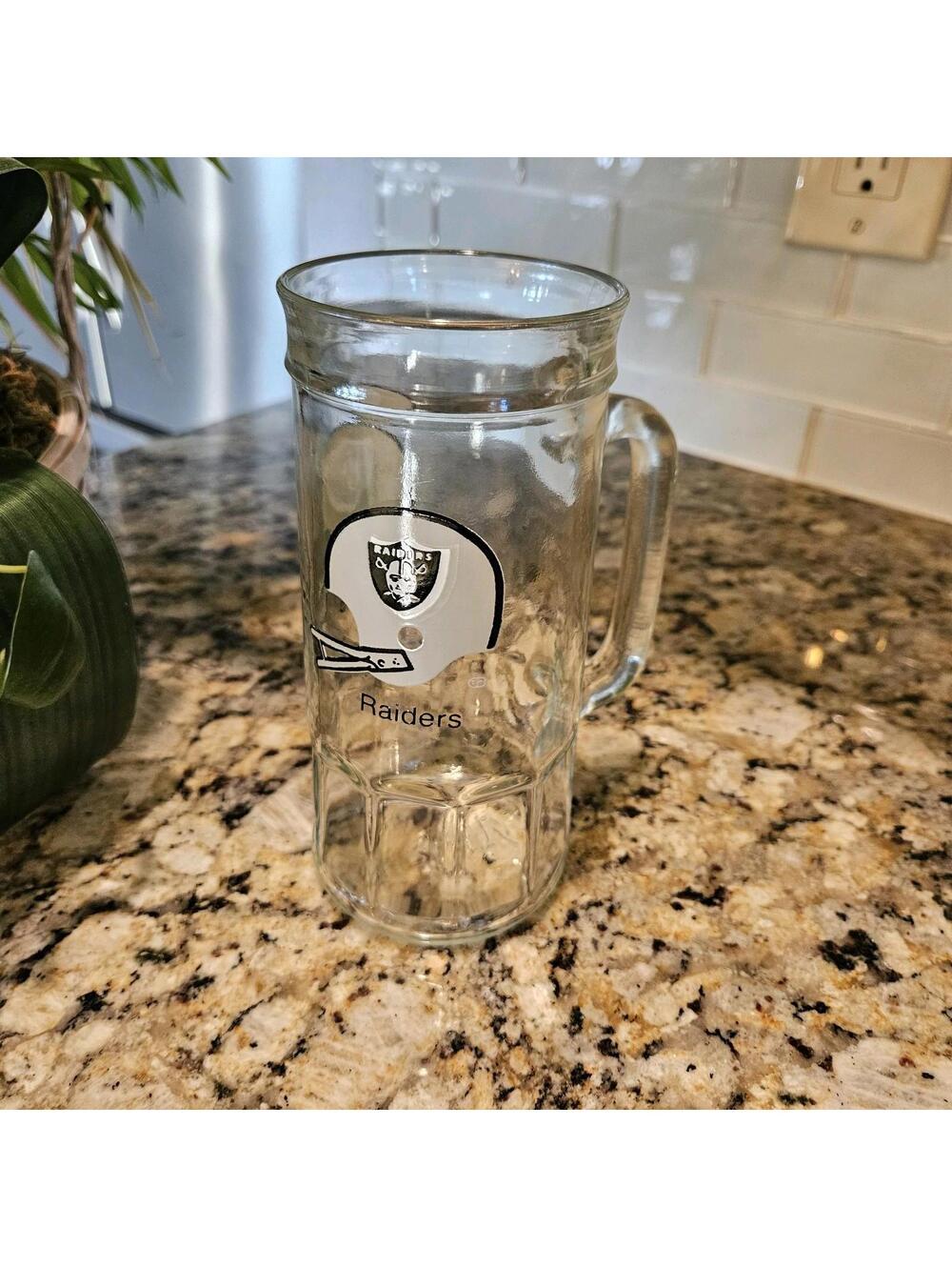 Vintage Fisher OAKLAND RAIDERS NFL Glass Mug Beer Stein Football - 7" Tall 1970s